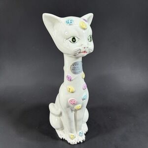 Vintage Tosca Italy Ceramic Cat Figurine MCM Hand Painted White Pastel Buttons